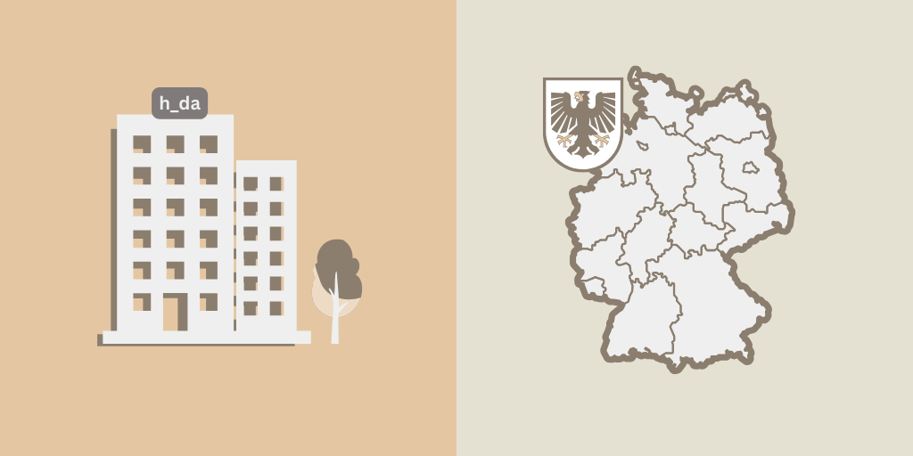 Decorative illustration showing a log-in box, a high-rise building and a map, two documents and a map of Germany