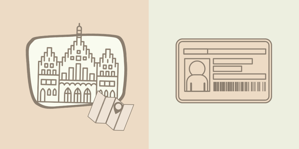 Dekorative Graphik, die eine Altstadt mit einer Stadtkarte davor und einen Studierendenausweis zeigt