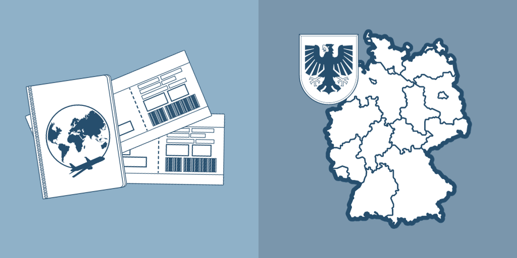 Dekorative Graphik, die ein Flugitcket, einen Reisepass, ein Dokument sowie eine Karte von Deutschland und den Adler aus dem Wappen von Deutschland zeigt