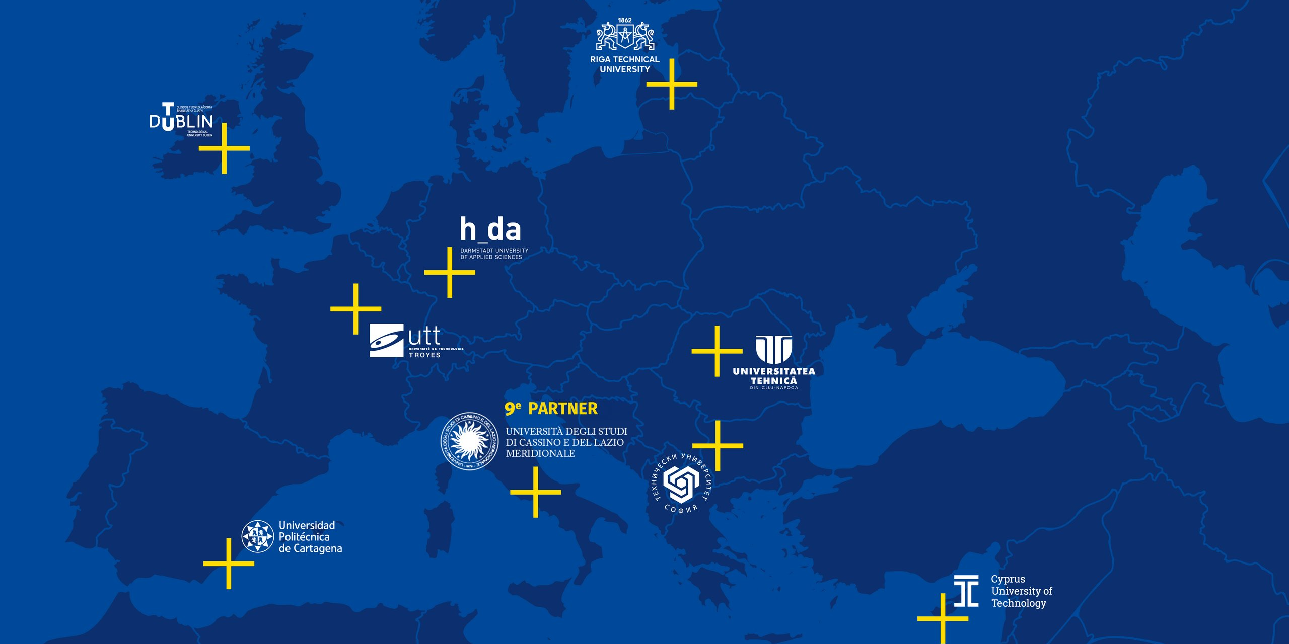 Europakarte, in der die Städte der EUt+ Partner markiert sind