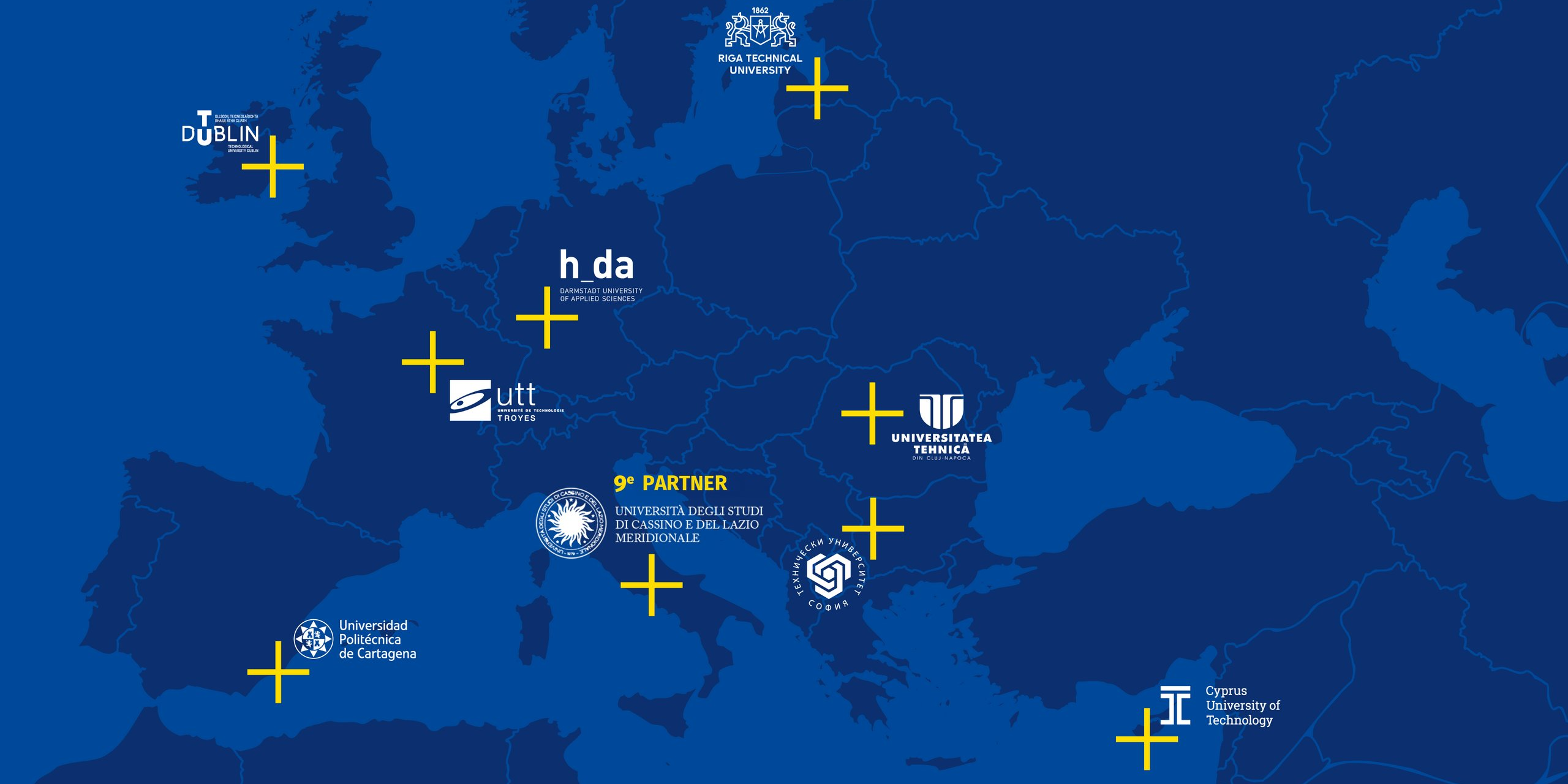 Map of Europe in which the cities of h_da's EUt+ partners are marked